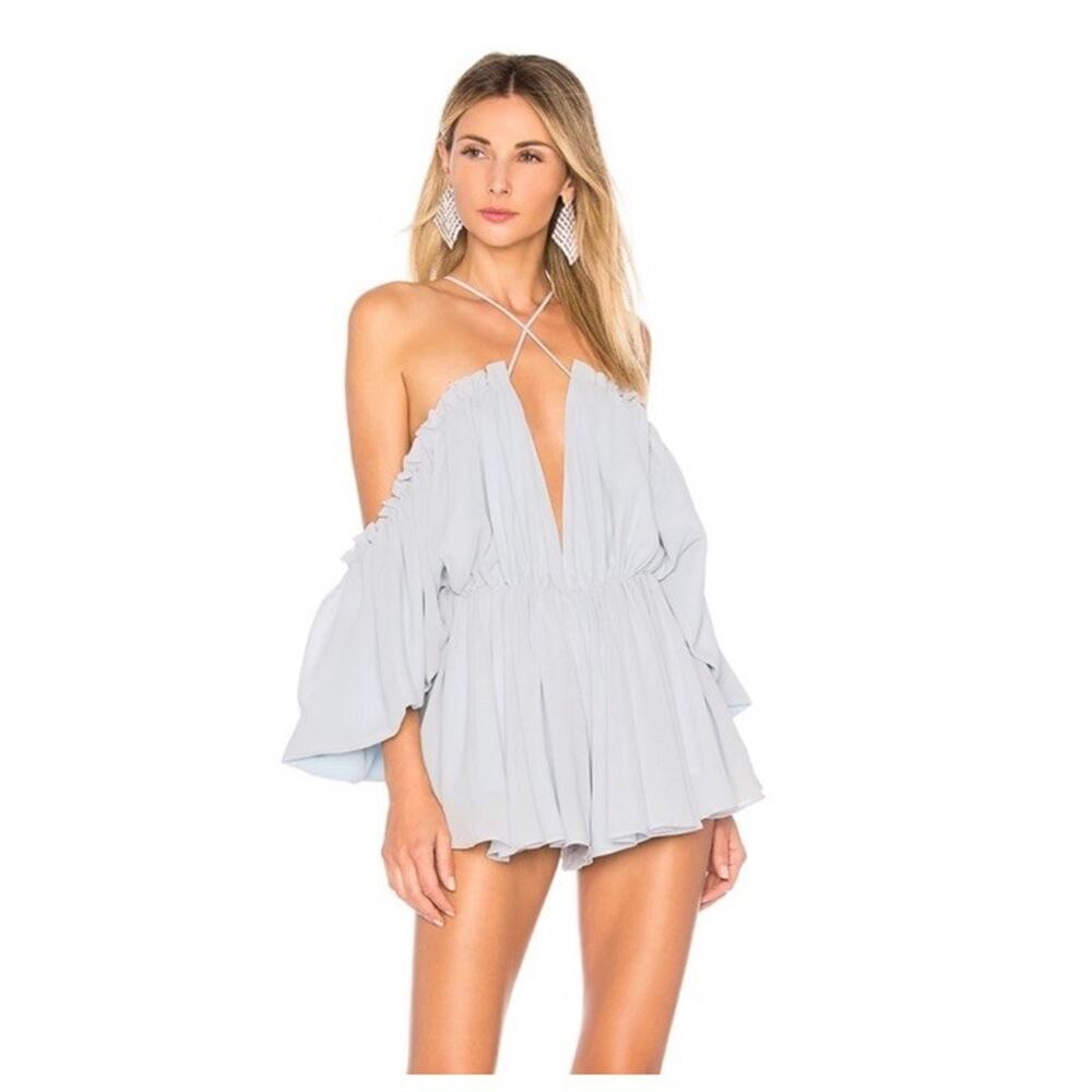 Michael Costello x Revolve Austen Romper Light Blue NWT Off The Shoulder Flowy M
